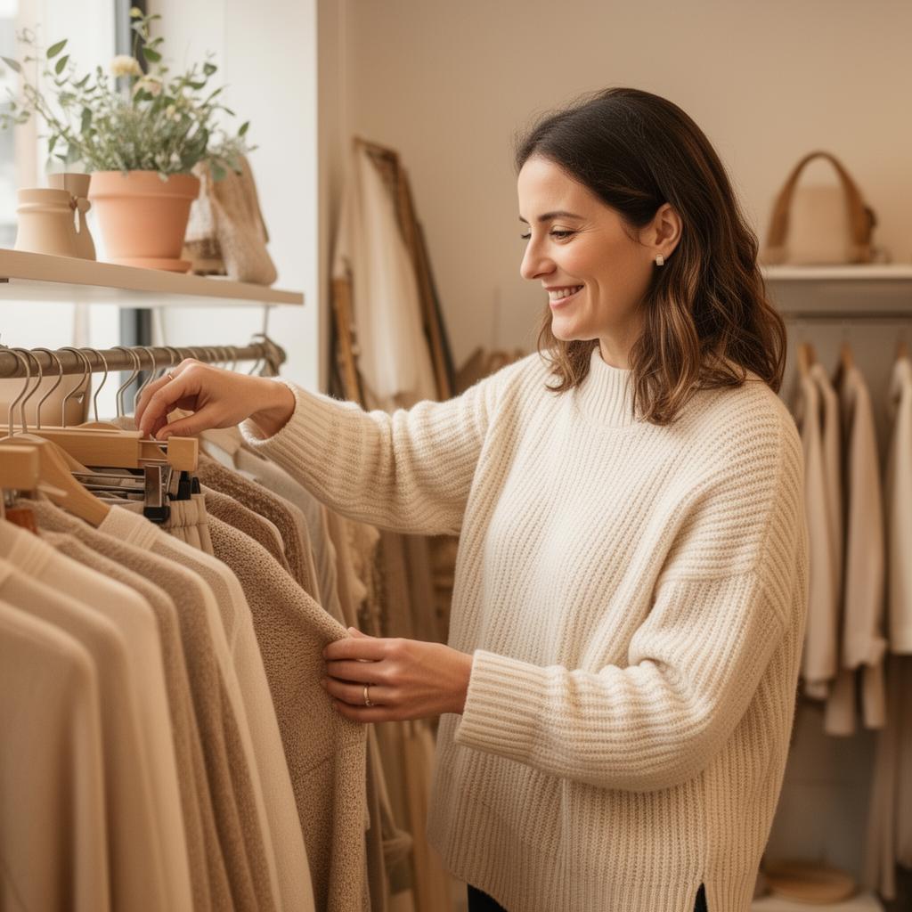 Inhaberin von Second Schanze beim Sortieren der Kleidung in der Boutique